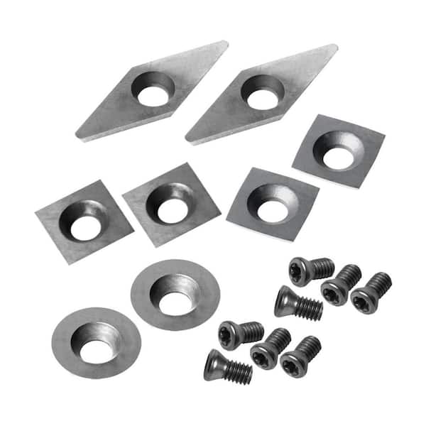 8-Piece Carbide Cutter Insert Set for Wood Lathe, 2 Each of 11mm Radius & Flat Squares, 10mm Round, 10x28mm Diamond