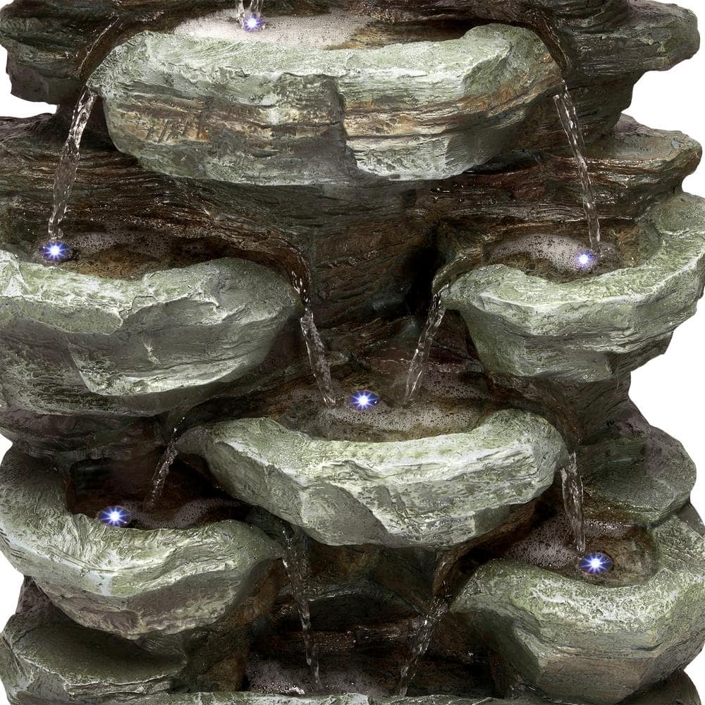 Gray Stone 39" Solar Powered Tiered Rock Fountain with LED Lights