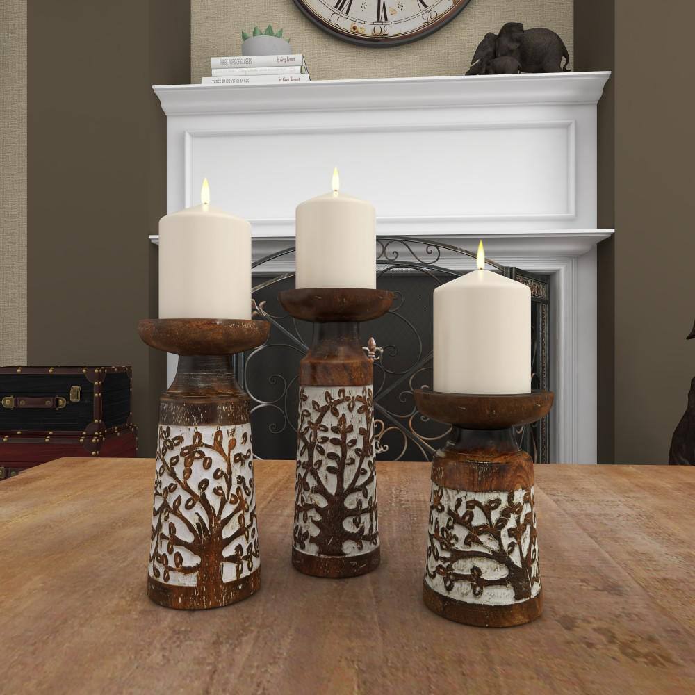 Winter Whisper Mango Wood 3-Piece Candlestick Set