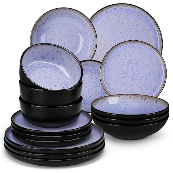 Series Amber 16-Piece Purple and Black Stoneware Dinnerware Set Service for 4 Bowls and Plates Dining Set Tableware