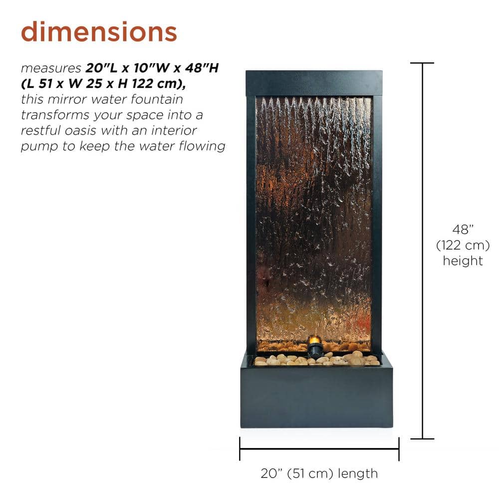 Bronze Mirror Waterfall Fountain with Stones and Lights, 48" Tall