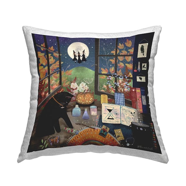 Stupell Industries Halloween Witchcraft Black Cat Multi-Color Square Outdoor Throw Pillow