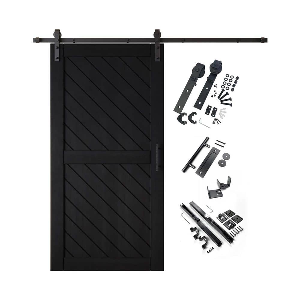 XT2 32 in. x 80 in. C-Panel Black Slanted Stripe Design Solid Pine Wood Sliding Barn Door with Hardware Kit price history on PriceWatchPro