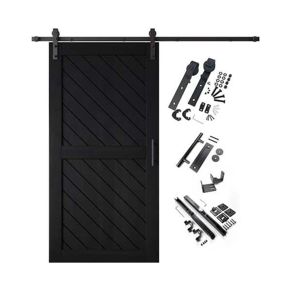 XT2 32 in. x 80 in. C-Panel Black Slanted Stripe Design Solid Pine Wood Sliding Barn Door with Hardware Kit