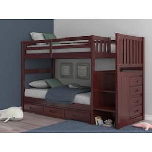 Rich Merlot Twin Over Twin Staircase Bunkbed with 7-Drawers