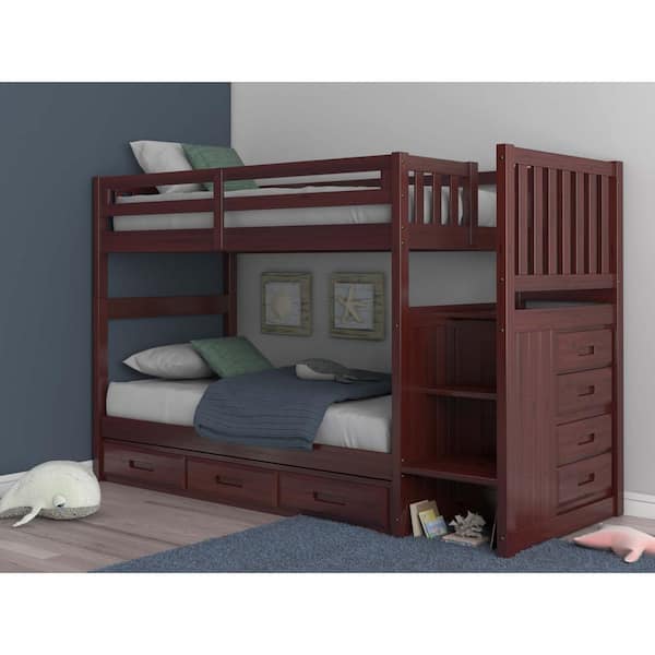 OS Home and Office Furniture Rich Merlot Twin Over Twin Staircase Bunkbed with 7-Drawers