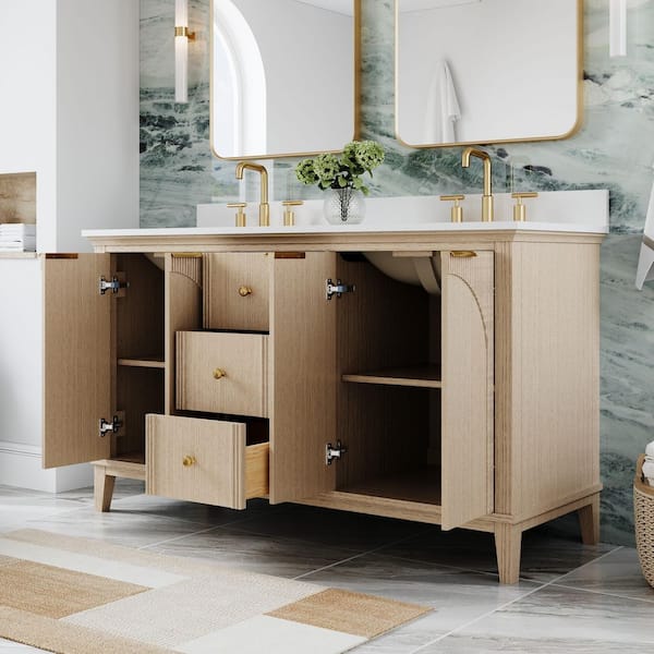 ANGELES HOME 60 in. Freestanding Solid Wood Oak Bath Vanity with