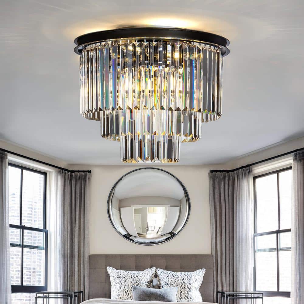 19.7 in. 6-Lights Modern Glam Matte Black Round 3-Tier Flush Mount Ceiling 