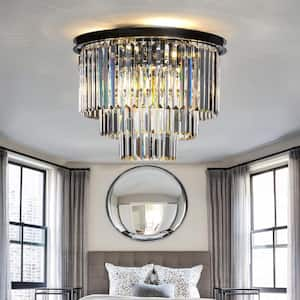 19.7 in. 6-Lights Modern Glam Matte Black Round 3-Tier Flush Mount Ceiling Light with Crystal