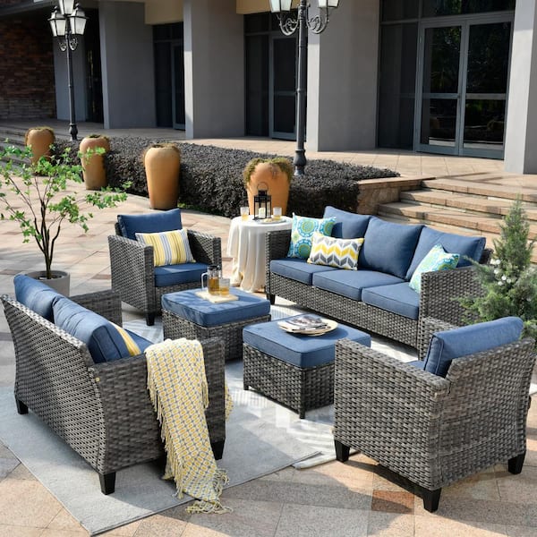 XIZZI Megon Holly Gray 6-Piece Wicker Outdoor Patio Conversation Seating Set and Loveseat with Denim Blue Cushions