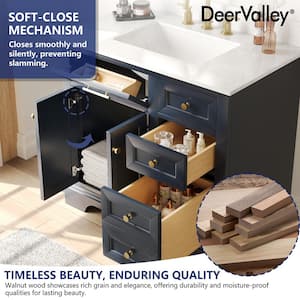 36 in. Single Sink Freestanding Dark Blue Wood Bath Vanity with White Engineered Marble Top (Assembled)