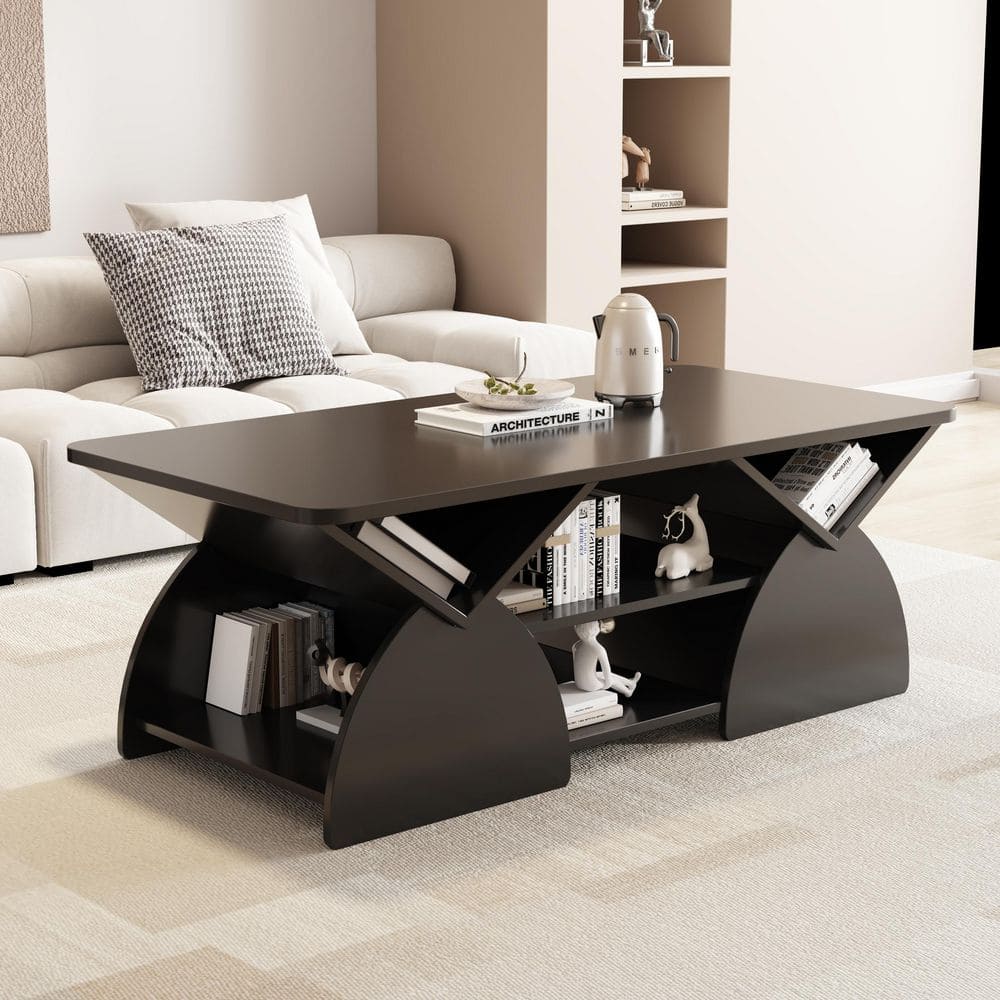 Allegria 47.24 in. Black Rectangle Wood Rounded Corner Coffee Table with Open Shelves