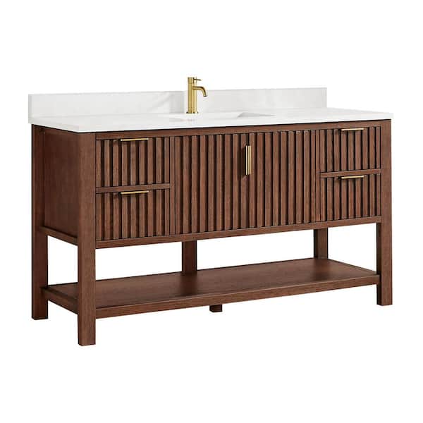 Tehran 60 in.W x 22 in.D x 33.9 in.D Single Bath Vanity in Aged Dark Brown Oak with White Engineered Stone Top