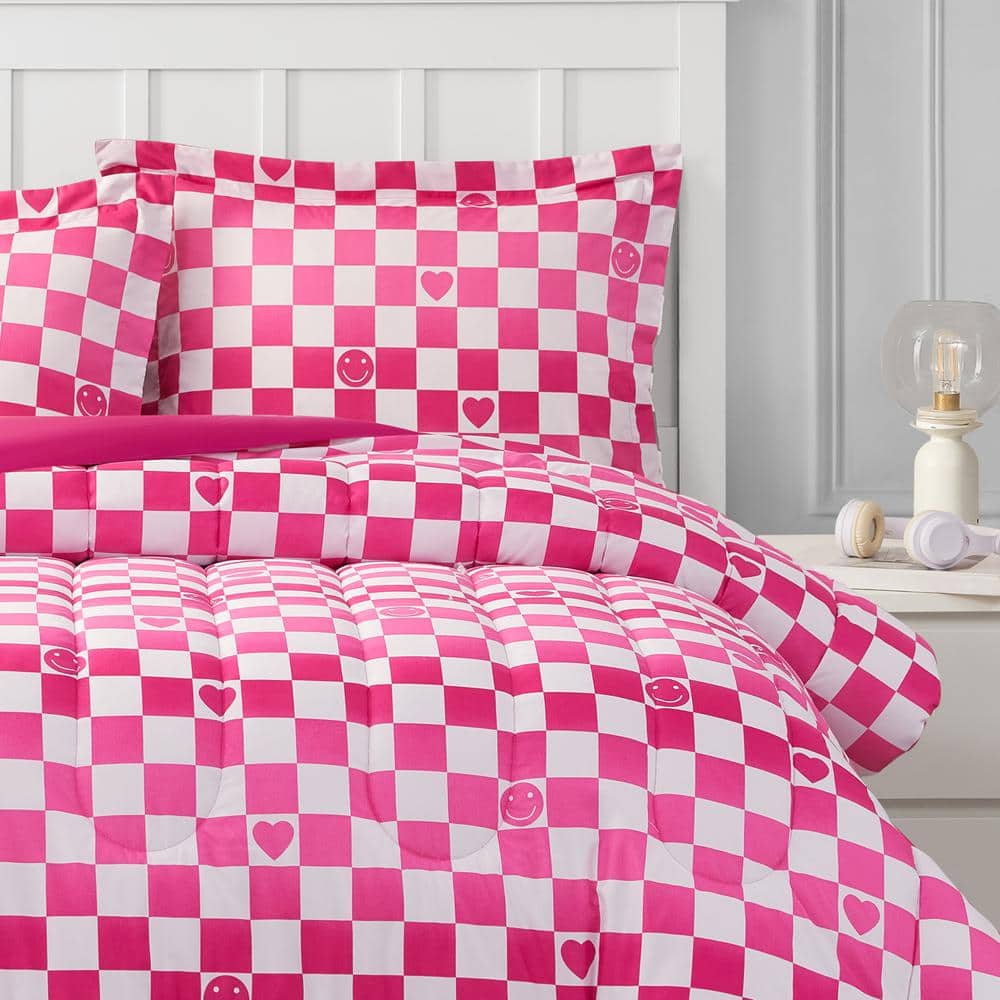 Full Pink Microfiber Reversible Kids Comforter Set