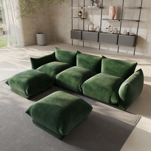 Magic Home Comfy 104 in. Flared Arm Breathable Chenille Modular Sofa Oversized U-shaped Lawson Floor Couch with 2 Ottomans in Green