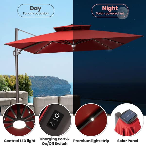 11 ft led round offset patio umbrella in chili red HOMSHADE 10FT Solar Cantilever with Base Included, The growing popularity of cantilever umbrellas due to their adaptability and distinctive looks make them a perfect choice for anyone who wants a premium shade product with maximum usefulness MASTERCANOPY 11ft Patio Umbrella with