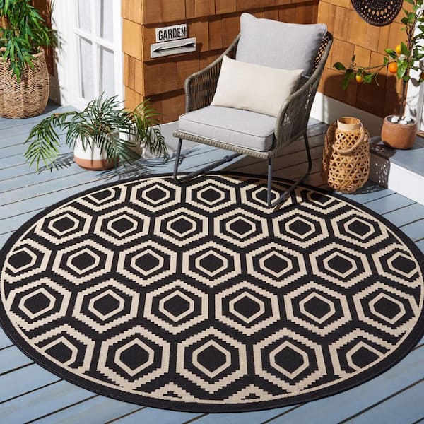 Courtyard Black/Beige 5 ft. x 5 ft. Kilim Tribal Indoor/Outdoor Round Area Rug