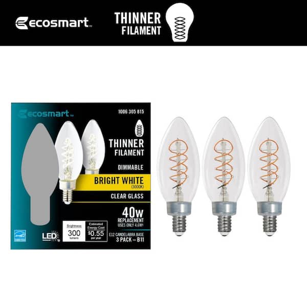 EcoSmart 40-Watt Equivalent B11 Dimmable E12 Candelabra Fine Bendy Filament LED Vintage Edison Light Bulb Bright White (3-Pack)