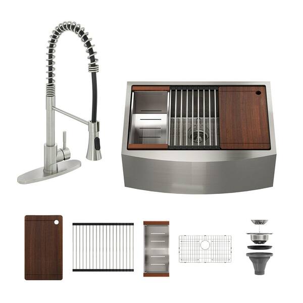 33 in. Undermount Single Bowl Brushed Stainless Steel Kitchen Sink with Infrared Sensor Pull-Down Faucet and Accessories