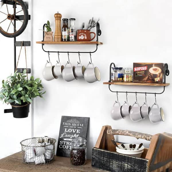Floating Wall Shelves for Kitchen Bathroom Coffee Nook with 10 Adjustable Hooks for Mugs Cooking Utensils or Towel