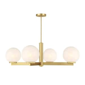 38 in. W x 12 in. H 4-Light Natural Brass Modern Chandelier with White Strie Glass Shades