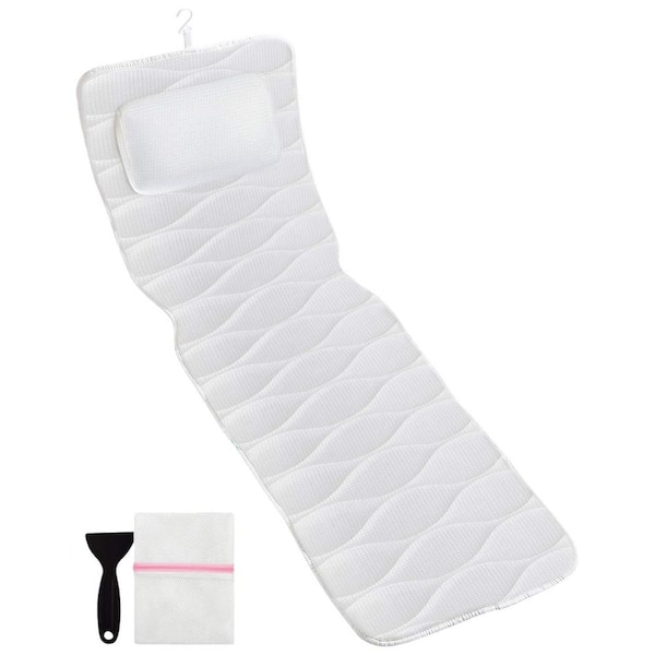 White Polyester Full Body Bath Pillow with Mesh Washing Bag 21 Non-Slip Suction Cups for Head Neck Shoulder Back Support