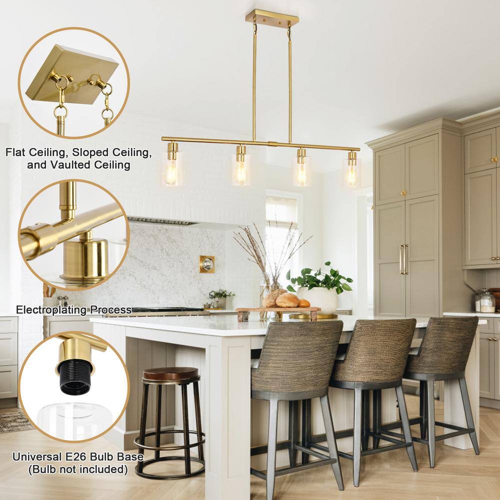Golden Linear Metal Chandelier with Clear Glass Shades