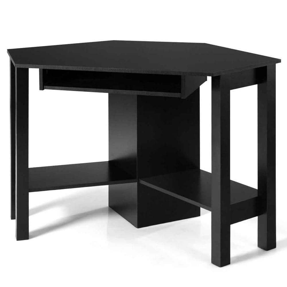 Black Wooden Corner Desk with Drawer and Keyboard Tray