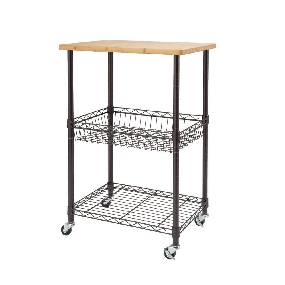 TRINITY Brown Wood Base with Wood Top Rolling Kitchen Cart (20-in