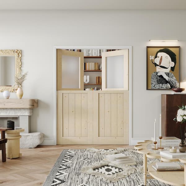 60 in. x 80 in. Finished Dutch Door, Half Bore Clear Glass Split Interior Door Slab with Natural Pine Wood Color