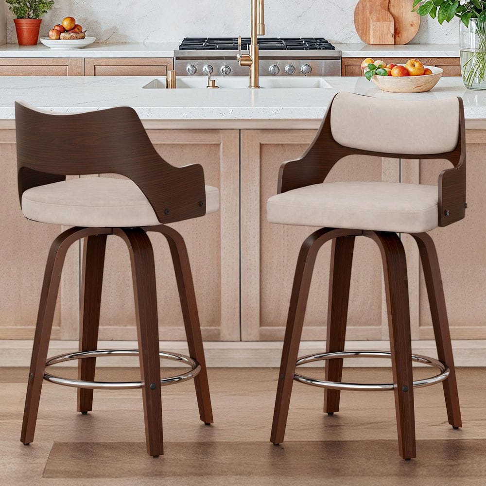 Kasper 26 in. Tan Color Walnut Wood Frame Swivel Counter Height Bar Stool with Faux Leather Upholstery Set of 2 price history on PriceWatchPro