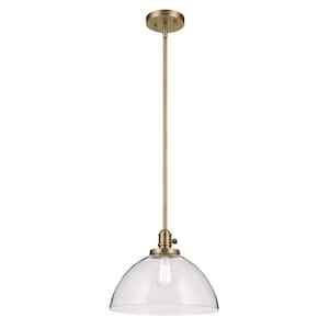 Avery 14 in. 1-Light Natural Brass Vintage Industrial Shaded Dome Kitchen Hanging Pendant Light with Clear Seeded Glass