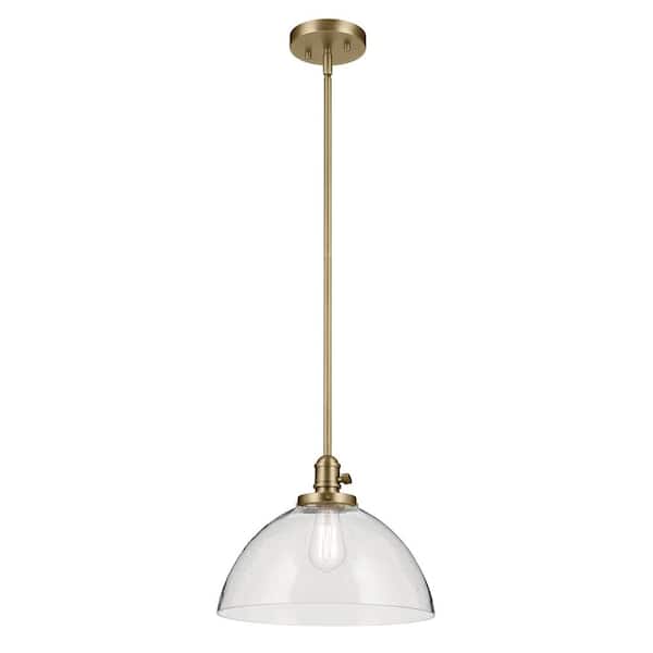 KICHLER Avery 14 in. 1-Light Natural Brass Vintage Industrial Shaded Dome Kitchen Hanging Pendant Light with Clear Seeded Glass