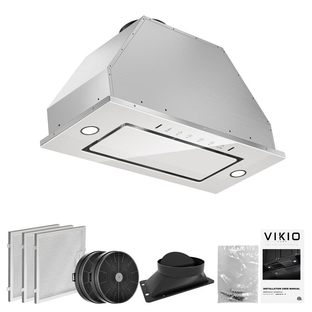 36Â in.Â 600 CFMÂ Convertible InsertÂ Range HoodÂ in White Glass with Carbon Filters, LED Light, Gesture Control in low noise