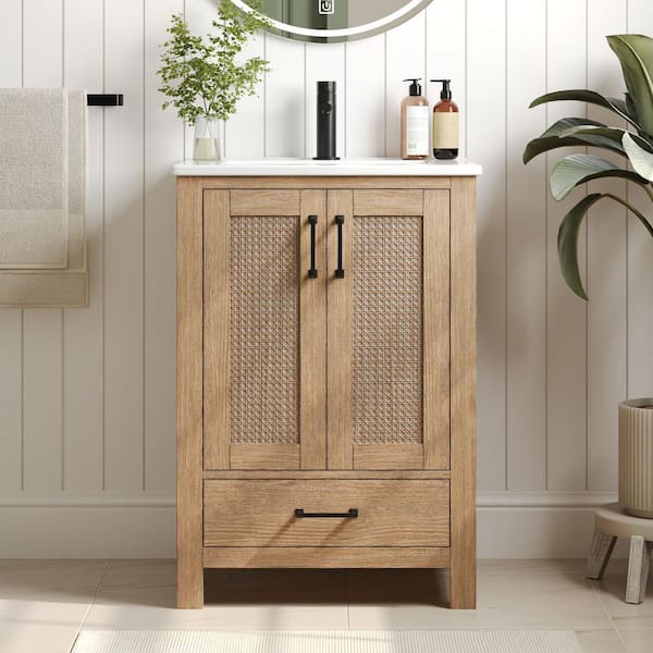 DEERVALLEY 24 in. W Single Sink Freestanding Rattan decoration Bath Vanity in Natural with White Ceramic Top (Assembled)