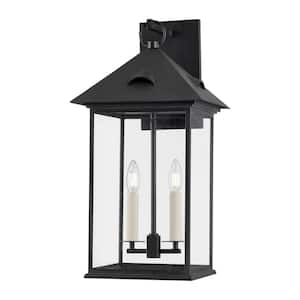 Corning 13 in. 2-Light Forged Iron Outdoor Wall Sconce with Clear Glass Shade