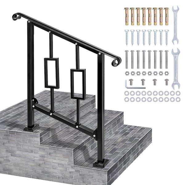 Outdoor Handrails Heavy Duty Double Post Railing Fits 2-3 Steps with Installation Kit for Concrete Porch, Black (1-Pack)
