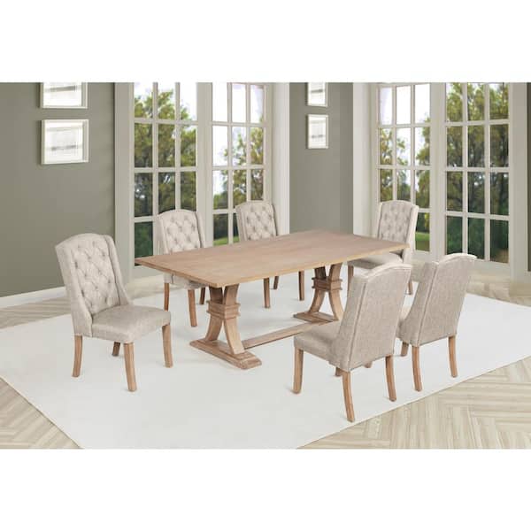 Best Quality Furniture Katt 7-Piece Rectangle Rustic Light Oak Finish Wood Top Dining Set with 6-Beige Linen Fabric Wing Chairs