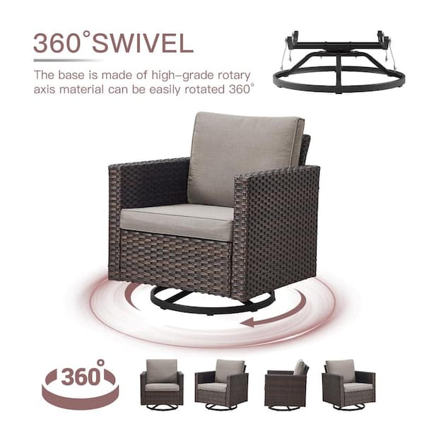 U-Foot Brown Swivel Glider Wicker Outdoor Rocking Chair with Gray Cushion (1-Pack)