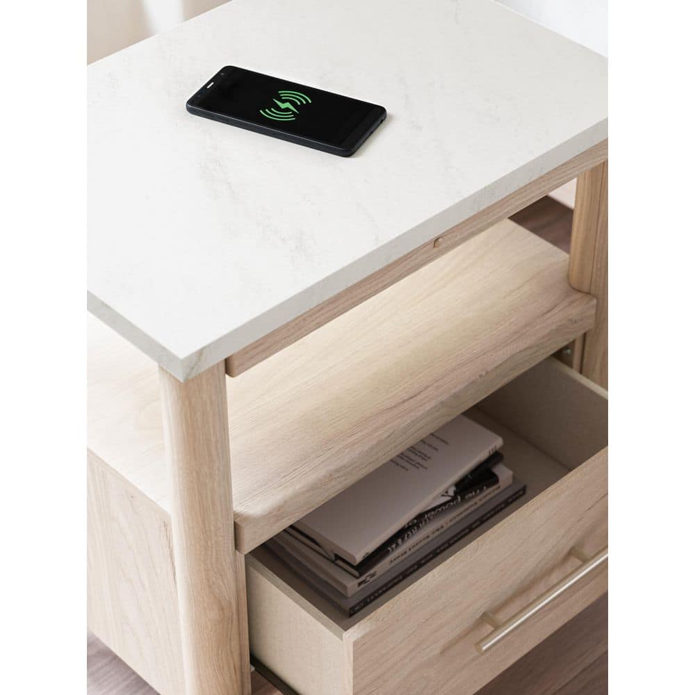 Light Brown and White 1-Drawer Nightstand with Marble Top