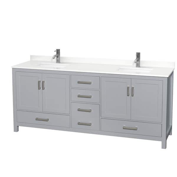 Wyndham Collection Sheffield 80 in. W. x 22 in. D x 35 in. H Double Bath Vanity in Gray with White Quartz Top