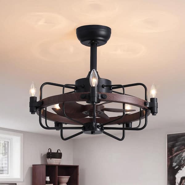 WDETR 21 in. Indoor Black Farmhouse Ceiling Fan with Lights and Remote Industrial Caged Wood Grain Ceiling Fan Downrod Mount