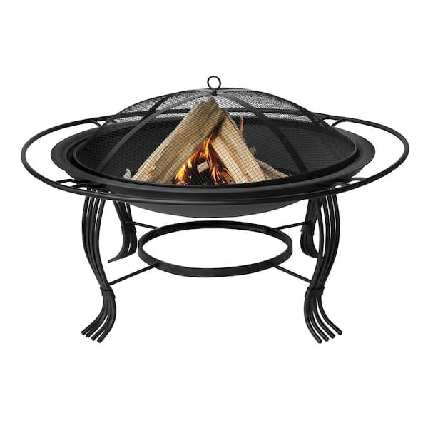 UniFlame 30 in. Diameter Black Wood Burning Fire Pit with Outer Ring and Integrated Wood Grate