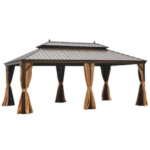 12 ft. x 20 ft. Outdoor Hardtop Gazebo Brown Canopy Double Vented Roof Pergolas Aluminum Frame with Netting and Curtains