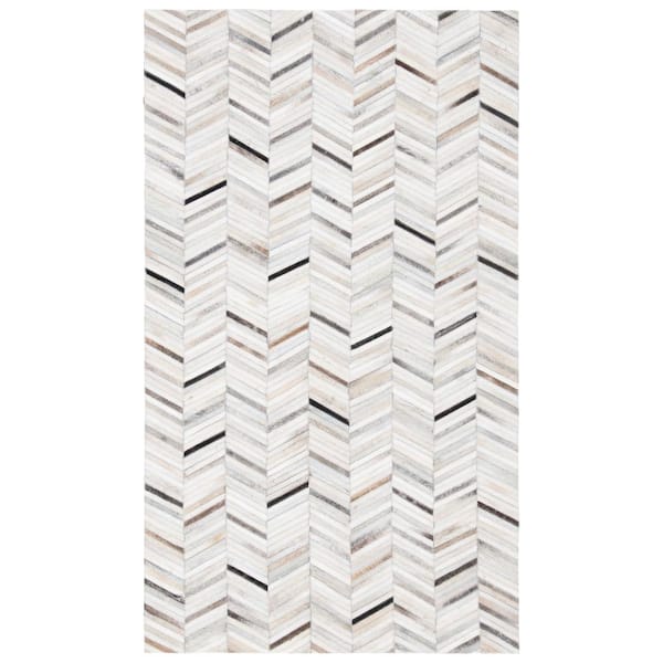 Studio Leather Ivory Grey Doormat 3 ft. x 5 ft. Geomtric Striped Area Rug