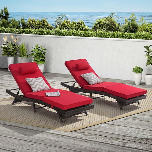 Unbranded 2-Piece Wicker Outdoor Chaise Lounge Chair Patio Sun Lounger with Red Cushions for Poolside, Deck, Lawn