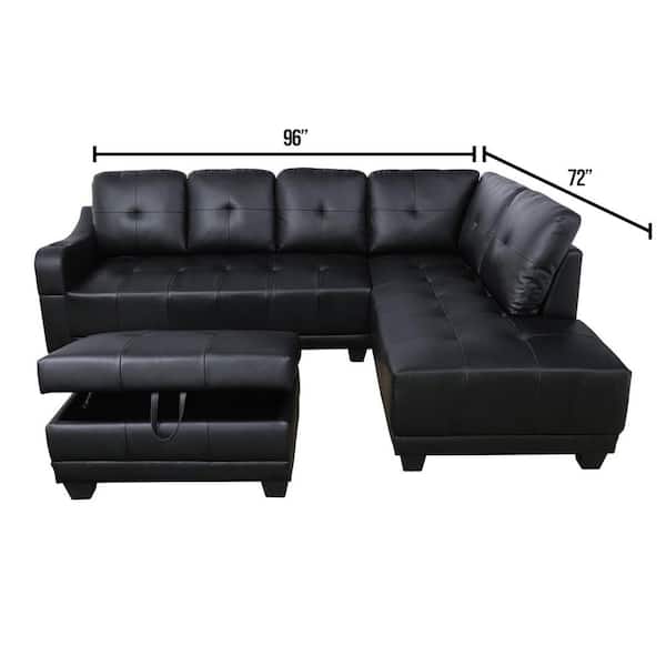 Black Faux Leather 3 Seater L Shaped, Black Leather Sofa With Ottoman Bed