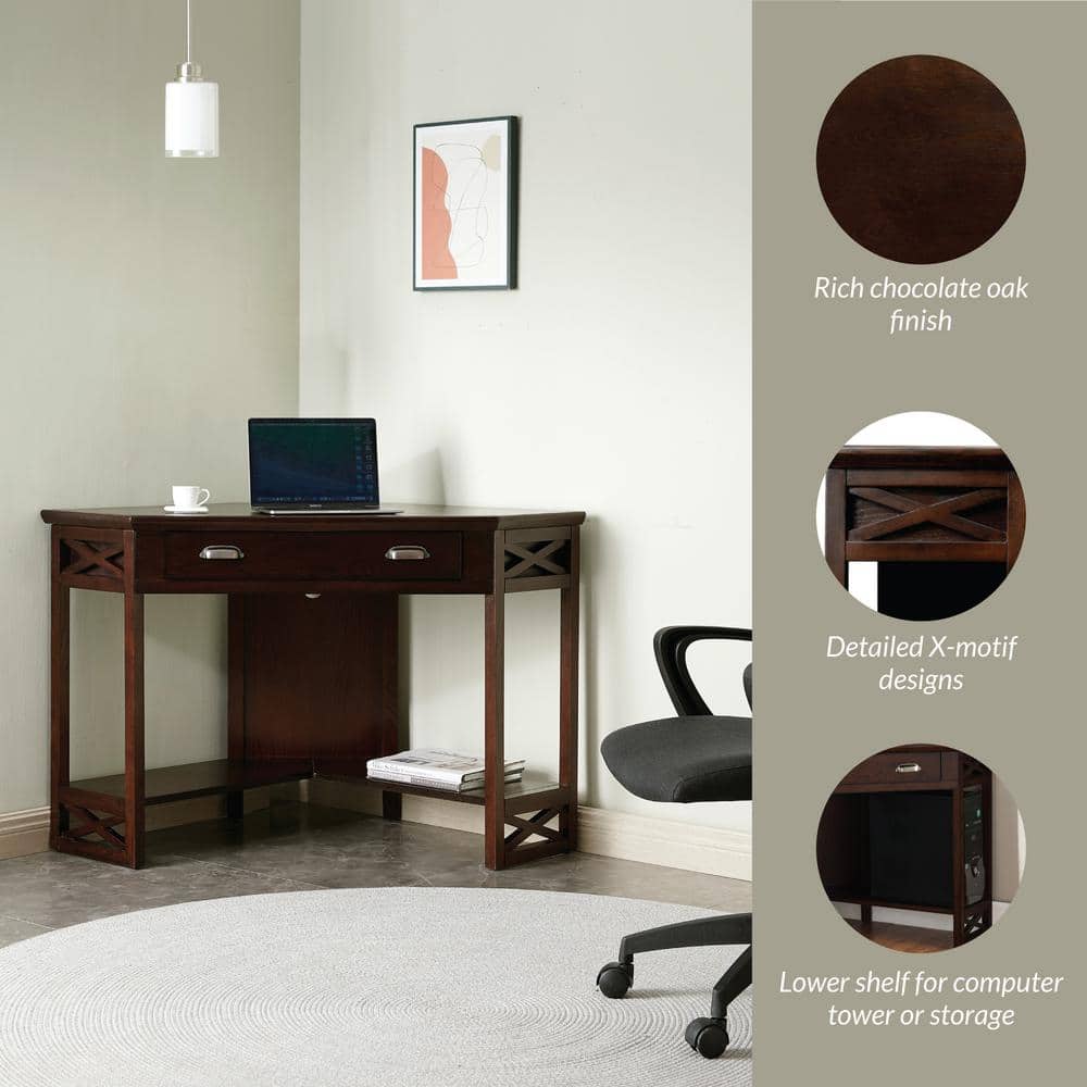 Chocolate Oak Corner Desk with Drawer and Shelf