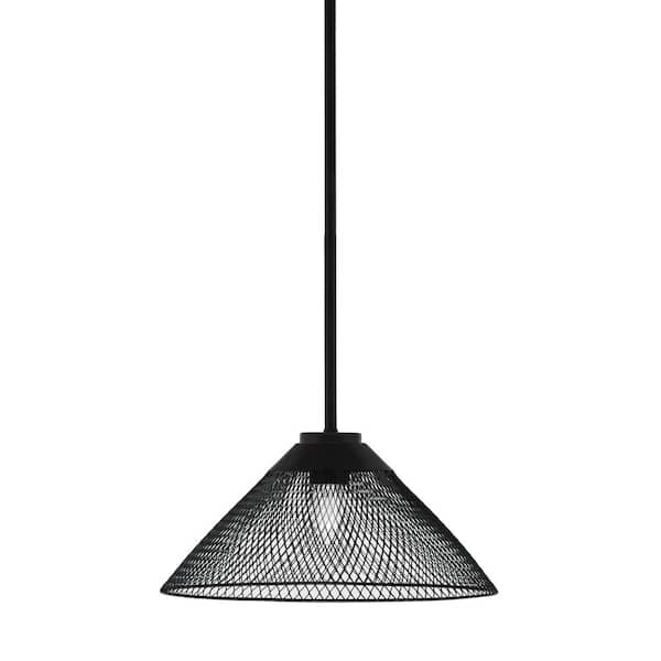 Unbranded Elonia 100-Watt 1 Light Matte Black Stem Mini Pendant Light with 14 in. Matte Black Cone Mesh Metal Shade