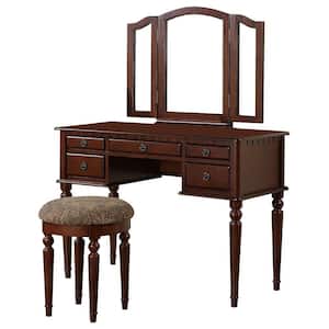 Commodious Cherry Brown Vanity Set Featuring Stool and Mirror